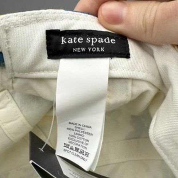NWT Kate Spade Floral Printed Cap Hat Cream Yellow Blue Green Spade Logo - Picture 10 of 11